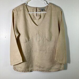 Womens Jillian Jones 3/4 Sleeve V‎ Neck Embroidered Linen Top Tan L